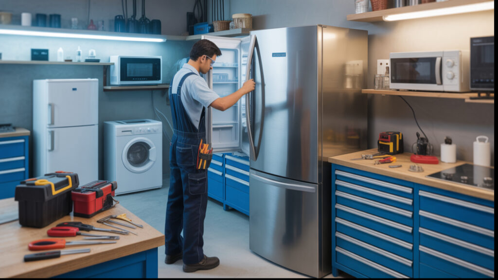 professional electrician in uniform repairing multiple home appliances