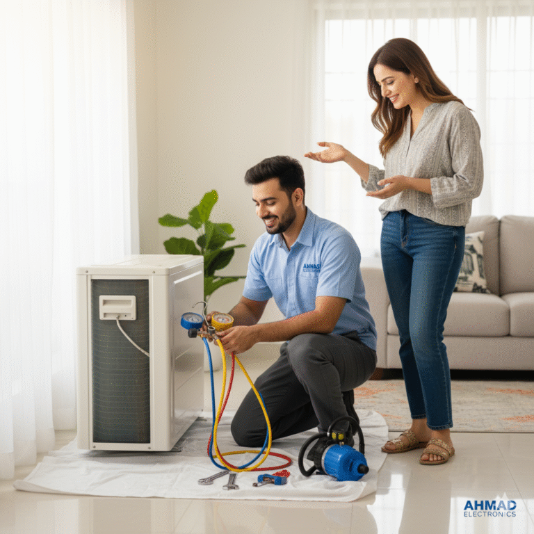 Professional technician from Ahmad Electronics servicing an air conditioner indoors while a satisfied customer watches in a bright Karachi home.