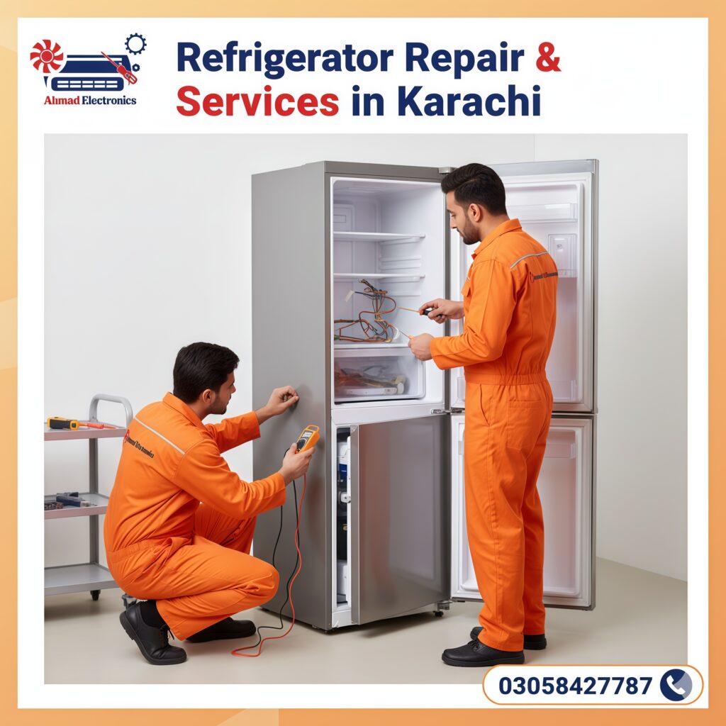 Technicians repairing a refrigerator – Ahmed Electronics Refrigerator Repair Services in Karachi